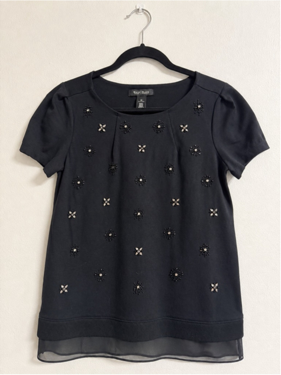 White House Black Market, Tops - White House Black Market XS Black Embellished Beaded Rhinestone Top Chiffon Hem